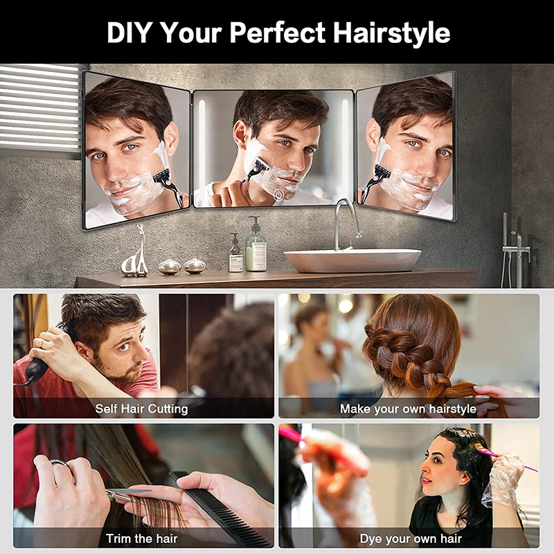 Retractable and Adjustable Led Cosmetic Mirror Portable Self Barber Hanging Three