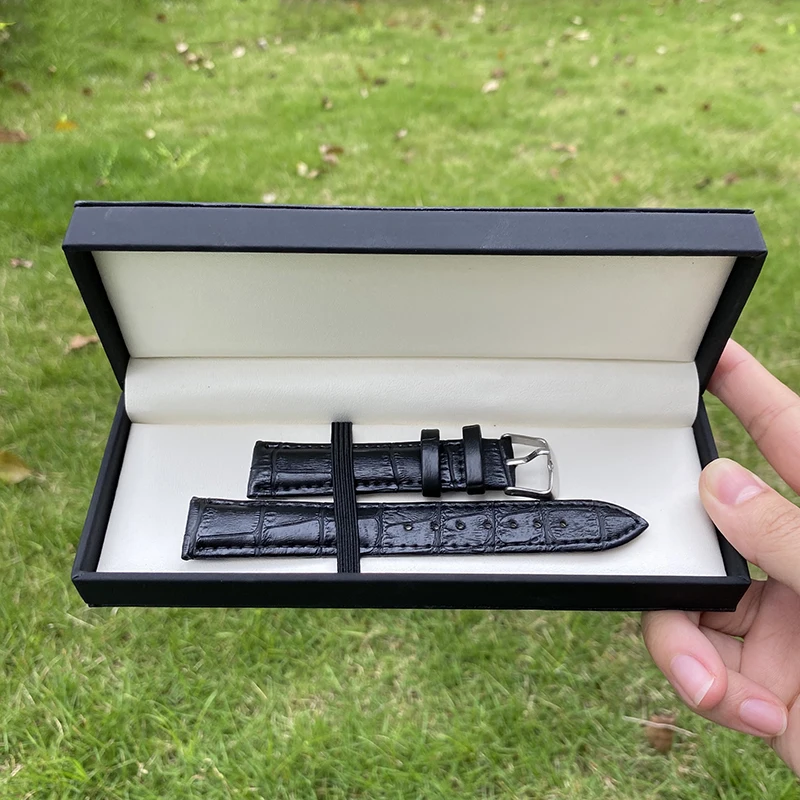 Lid and base black stiff paper box for watchband watch strap paper packaging with stamped gold logo