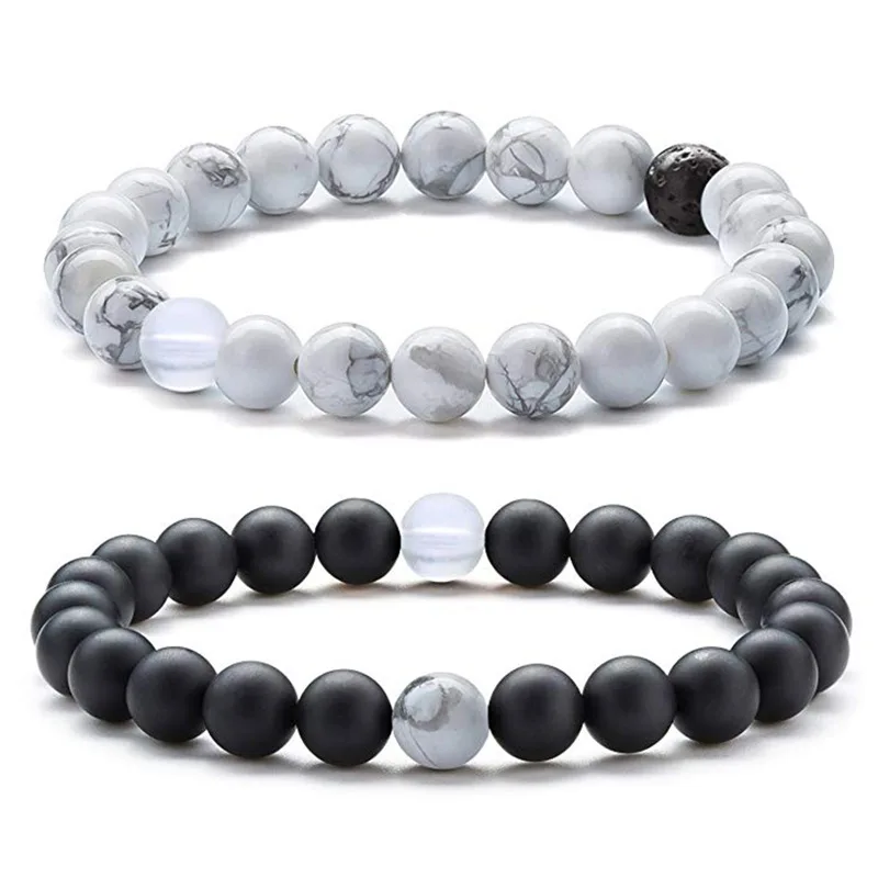 Hot Selling 8mm Simple Black Matte Bracelets White Howlite Natural Stone Woven Adjustable Yoga Bracelet for Women Men
