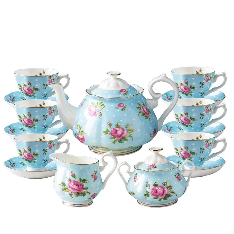 Wholesale Blue Dots Grace Tea Cups  Fine Bone China 6 Persons Tea Sets