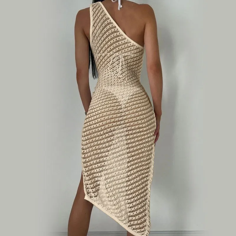 2024 Summer Womens Lingerie Sets Solid Color Sleeveless Sexy One Shoulder Hollow Out Bikini Side Split Crochet Cover Up Dresses