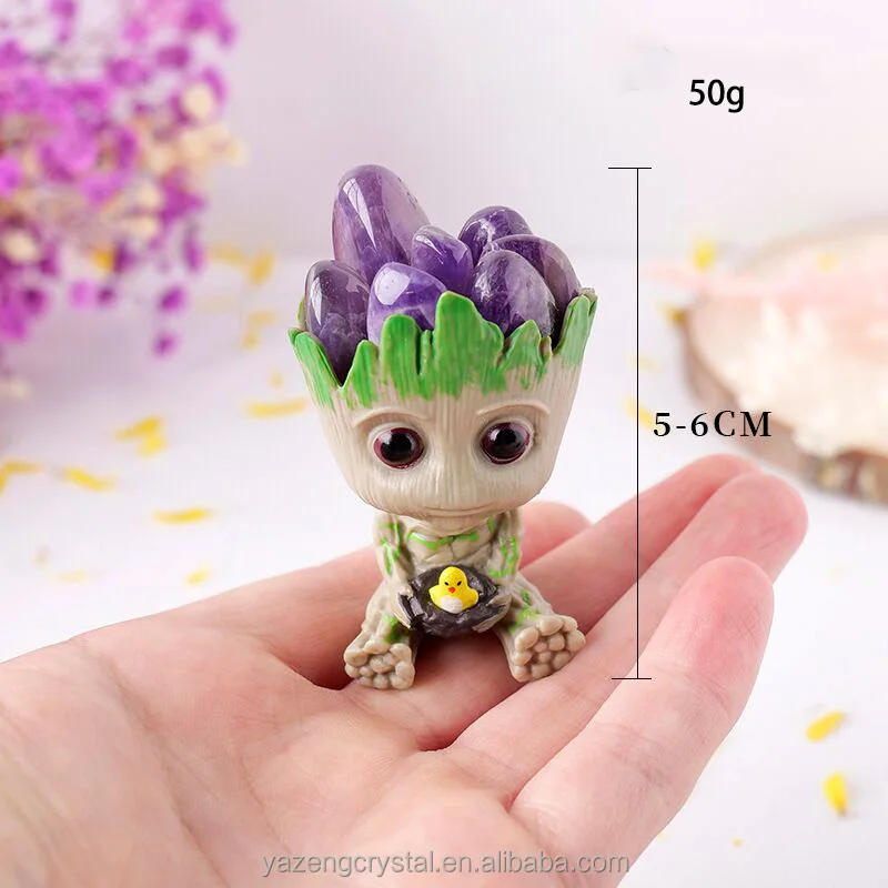 Healing Hand-carved Electroplating Color clear quartz amethyst Crystal Cluster Groot Marvel Character Carving For Desk Decor
