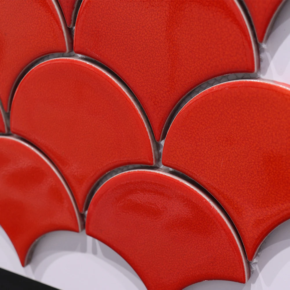 Red Color Fan Shape Kitchen Bathroom Wall Ceramic Swimming Pool Mosaic Tile
