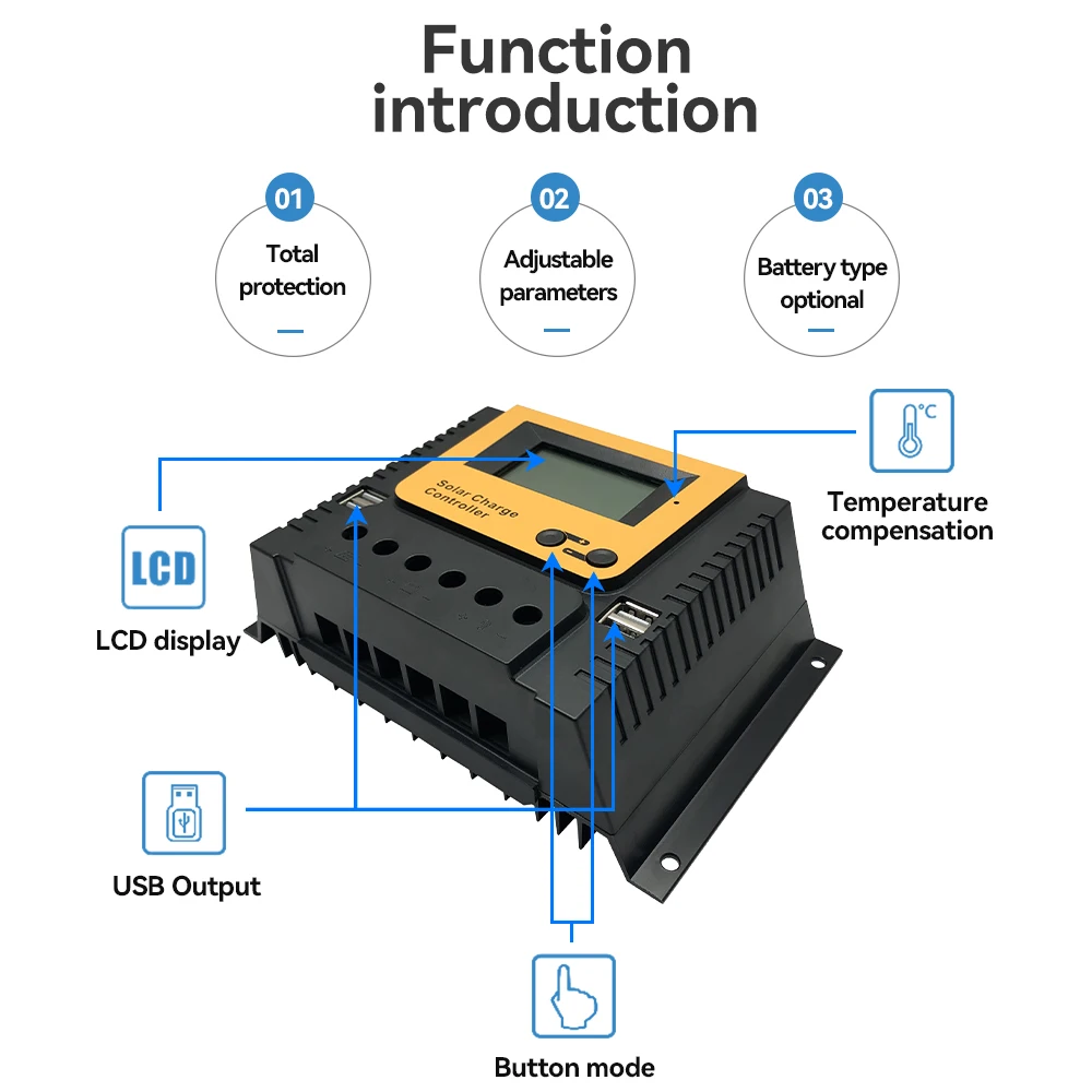 Kungf Solar PWM 50a 60a Charge Controller 12V/24V/36V/48V Auto 4-Stage Charging Work with Lead Acid Gel Lithium Battery LCD WiFi