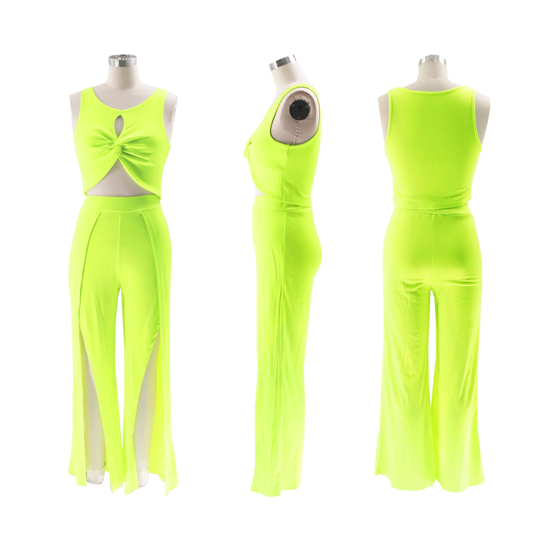 GX468 Fashion Boutique Ladies Street Wear Women Elegant Sleeveless Hollow Out Cropped Top and Split Sexy Pant 2 Piece Set