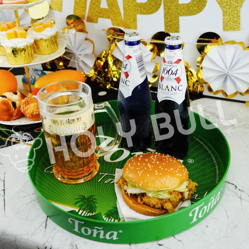
14 inches round Tray with Non-Slip Surface,Heavyweight Plastic Round Catering Tray with High Edge 