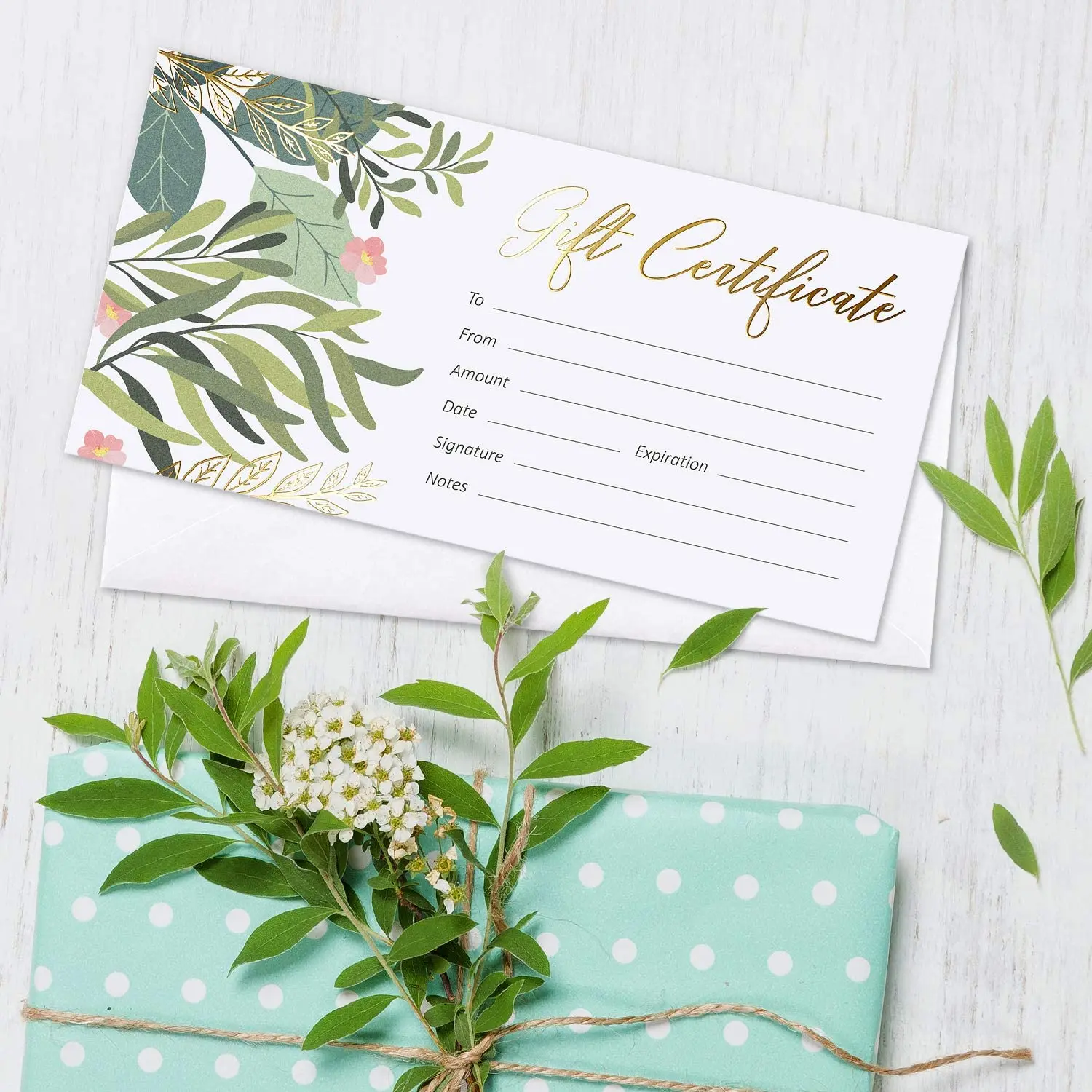 25Pcs Gold Foil Blank Gift Certificate Cards with Envelopes Business Custom for Client Vouchers Birthday Work Gift