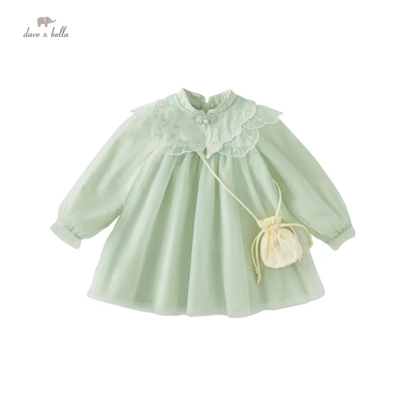 DB3236462 DAVE BELLA Autumn Children Girls Fashion Green Mesh Embroidered Butterfly Lapel Comfort Flower Bag Lace Cuffs Dress