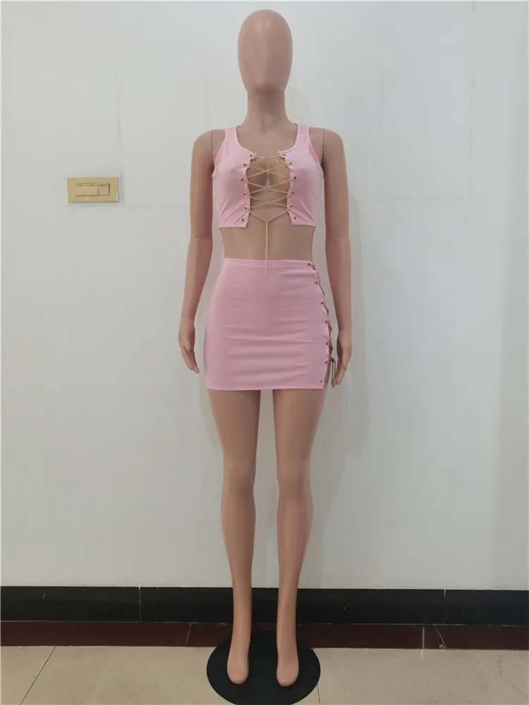 Summer 2021 New Women Fashion Sexy Bandage Chain Crop Top And Mini Skirts Two Piece Set Outfits