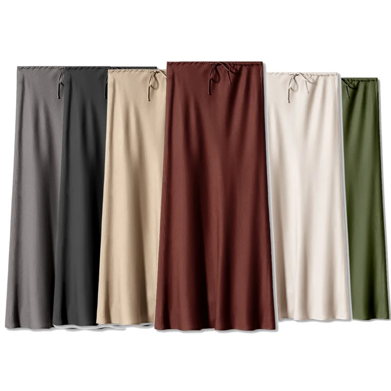 New 2024 Spring Summer Solid Color Satin Long Skirt For Women High Waist Lace-Up Fashion Elegant Faldas