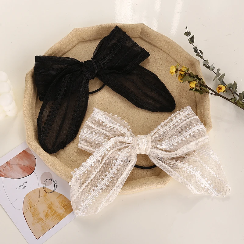 Wholesale Fancy Mesh Fabric Big Bow Knot Hair Tie Ponytail Holder Black Hair Ties For Women