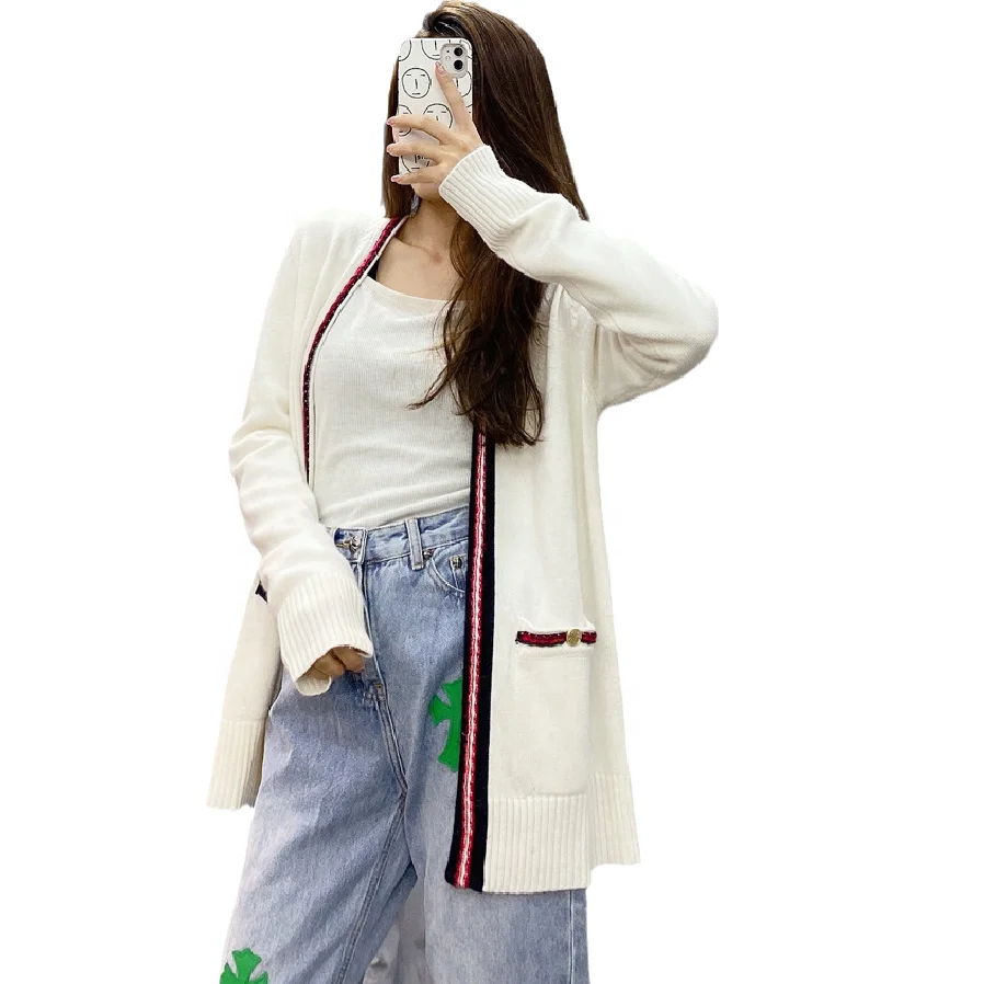 Wom Clothes Bulk High Quality Rib Knit Long Sleeve Wool Cashmere Cardigan Sweaters Women With Pockets