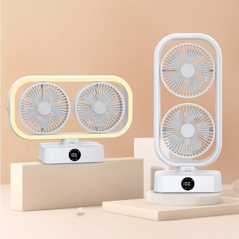 Exclusive Dual-head Floor Rotating Remote Twin Tower Fan 10000mAh Electric USB Rechargeable Power Bank Table Fan with LED Lights