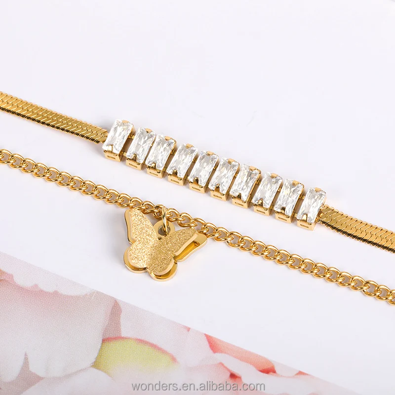 Butterfly Gold Snake Double Chain Bracelet CZ Crystal Decorated Beautiful Wedding Bridal Jewelry