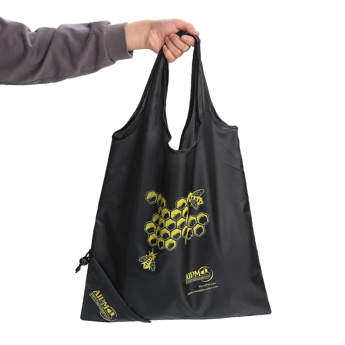 Customized Logo Printed Eco reusable RPET Black polyester foldable strawberry tote shopping bag with drawstring