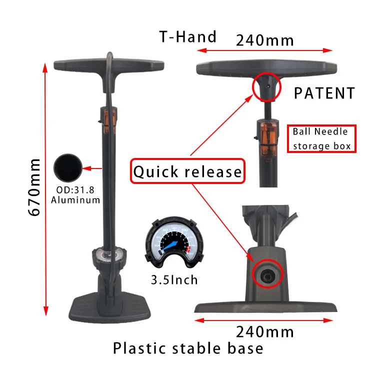 Factory Price Bicycle Air Hand Pump Smart Valve Head Bike Tire Floor Pump Automatically Switching with Gauge