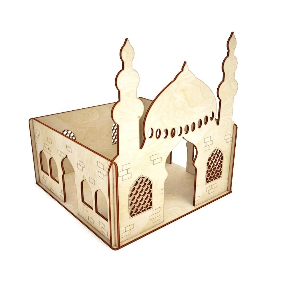 Islam Muslin Wood Ornament Wooden Mosque Shape Craft EID Ramadan Decoration
