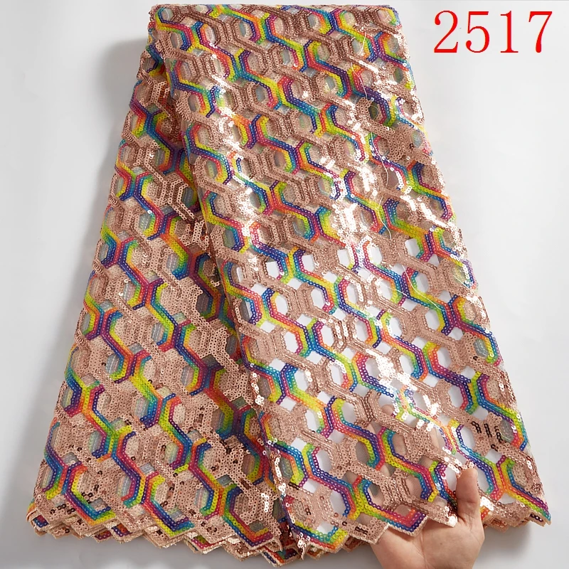  New 2021High Quality Tulle African Nigerian Sequins Lace Fabric Embroidery Sew Dress 5Yards Organza Materials
