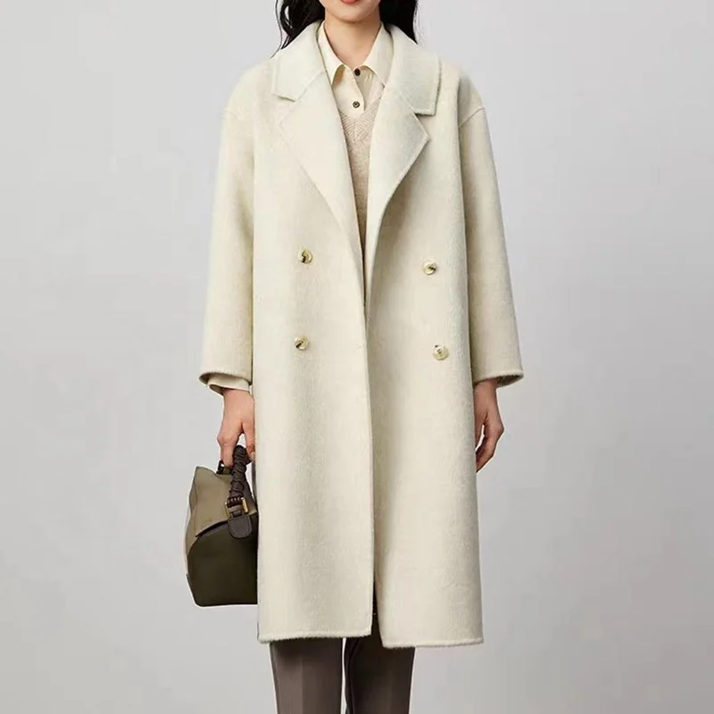 2024 New Winter Coat Elegant Warm Lapel V Neck Double Breasted Long Cashmere Wool Coat for Women