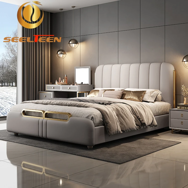 Luxury Bed Room Furniture Genuine Leather Double King Size Bed new home or hotel modern bed