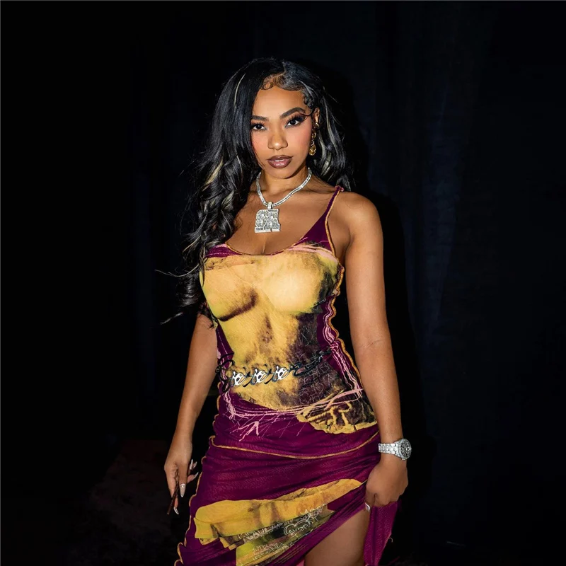 2023 Summer New Womens Sleeveless Printed Dress High Waist Slim Long Dress To Show Thin A Line Dress