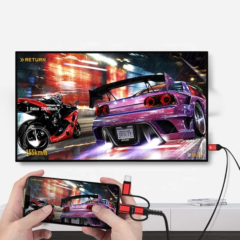 
3 in 1 Lighting Type-C Micro USB to HDMI Cable for iOS and Android 2M support iP11 