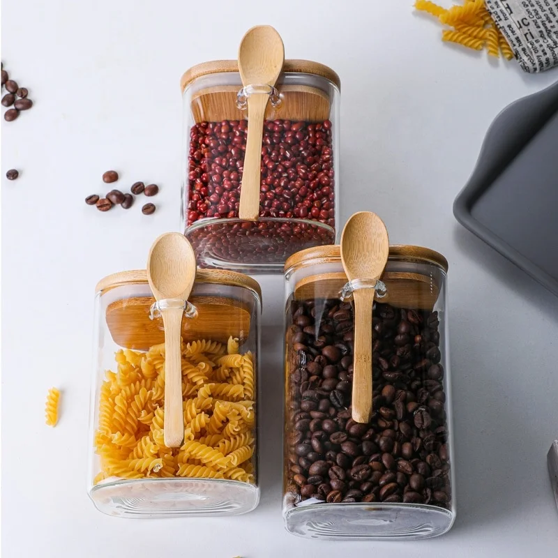 Squared Transparent Glass Food Storage Jar With Bamboo Lid Tea Coffee Beans Container Snack Nuts Sealed Box Kitchen Organizer