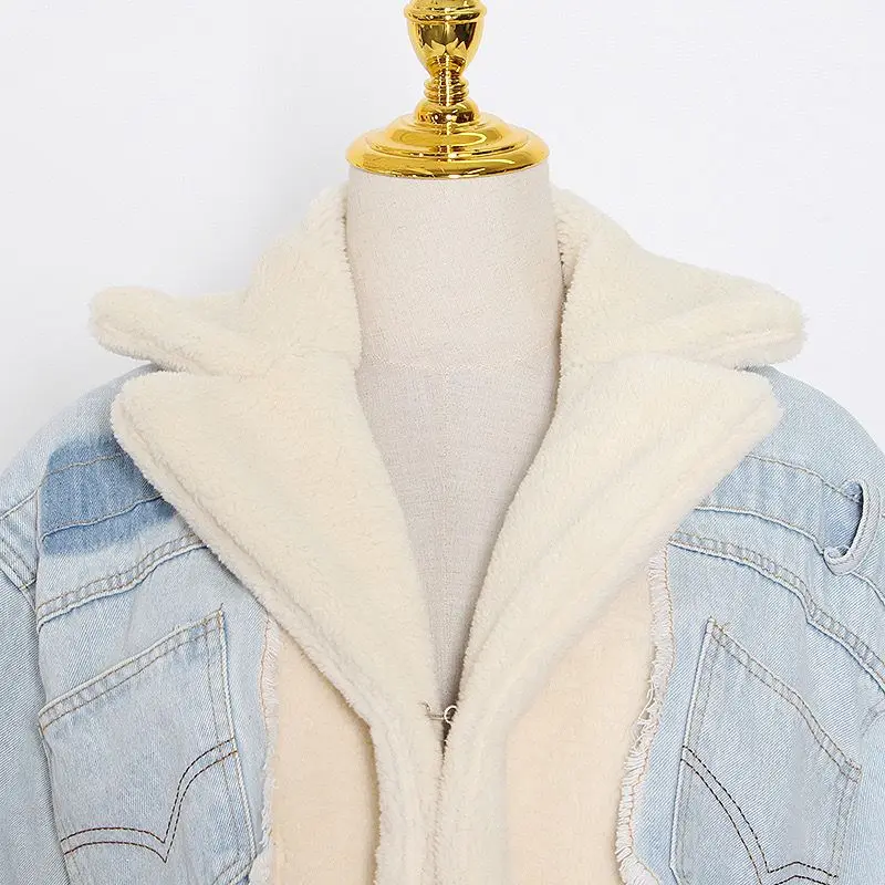 2021  Women Faux Fur Coat Wholesale winter warm Patchwork Lambswool Denim Jacket