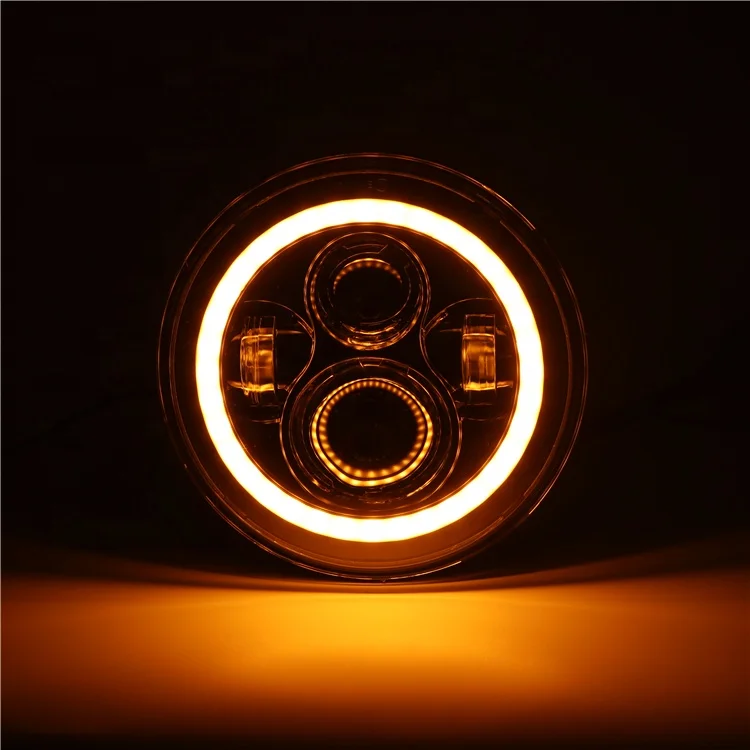 Chrome Black 7 Inch Round LED Headlight with Halo Ring Amber Turn Signal High Low Beam for VW Beetle Classic Land Rover Toyota