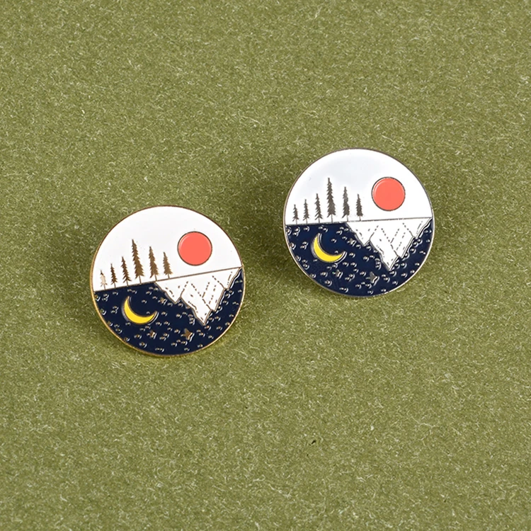 Collar Decoration Day Night Sun Moon Gold Silver Badge Round Metal Enamel Pin