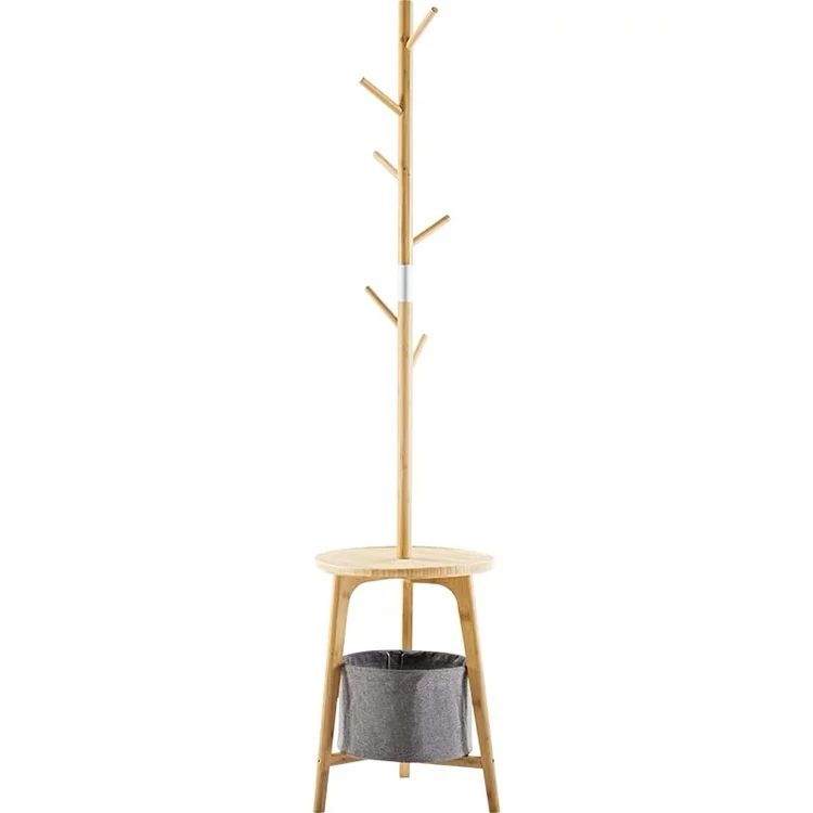 Bamboo Hat Rack Clothes Hanging Rack Bamboo Coat Rack  For Home Office with Laundry Basket and 6 Hooks