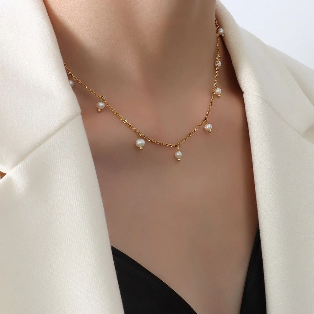 Freshwater Pearl Bridal Jewelry Necklace For Women 18k Gold Filled Layering Chain Choker Pearl Necklace