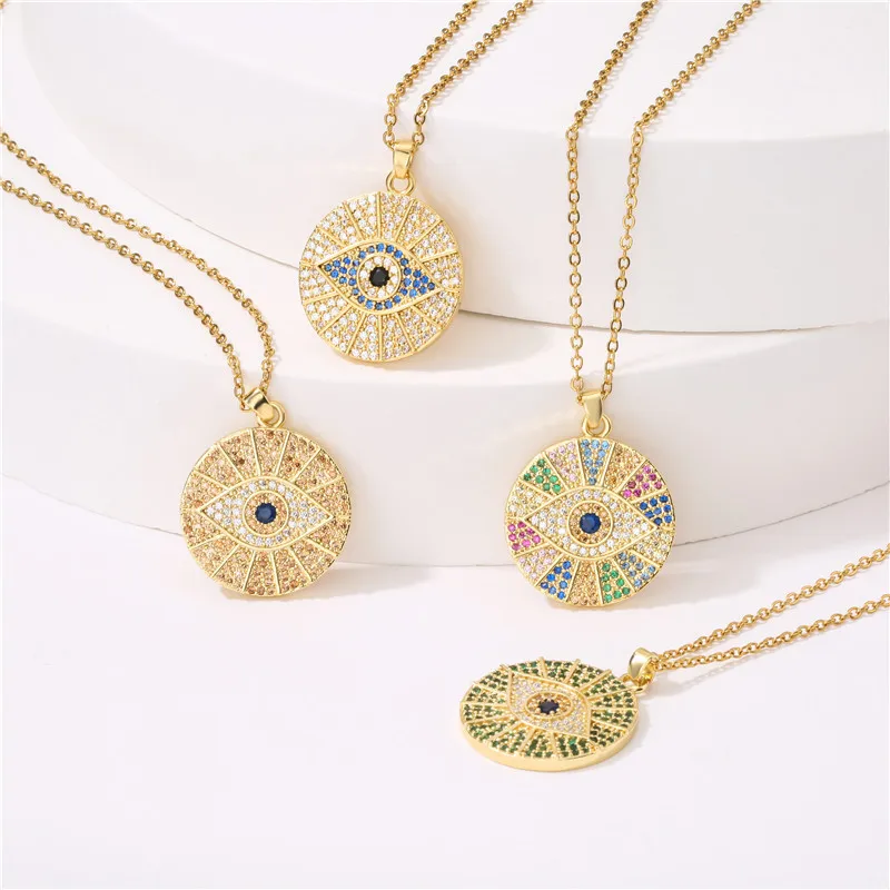 Новое модное женское позолоченное Латунное ожерелье с круглой подвеской в виде глаз дьявола из фианита 18 карат