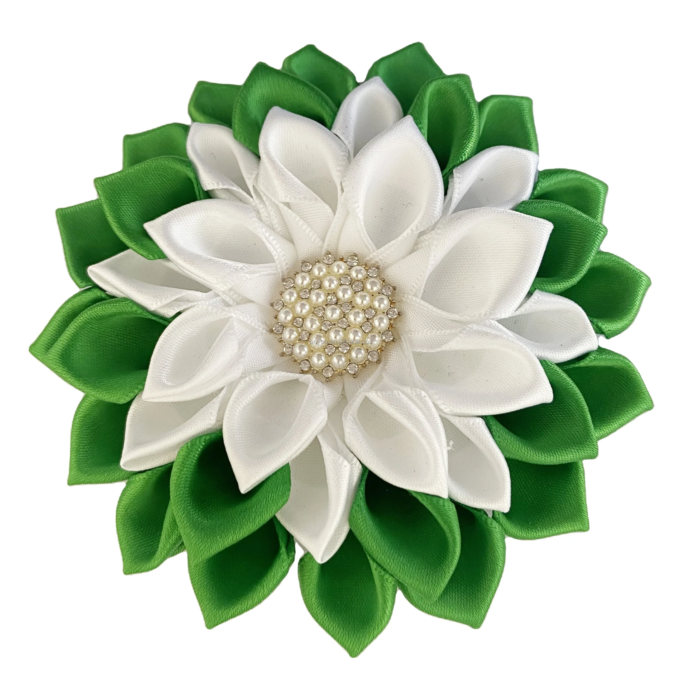 Iota Phi Lambda LINKS Sorority 4.5 inches Handmade Green White Satin Ribbon Flower Corsage Brooch Pin