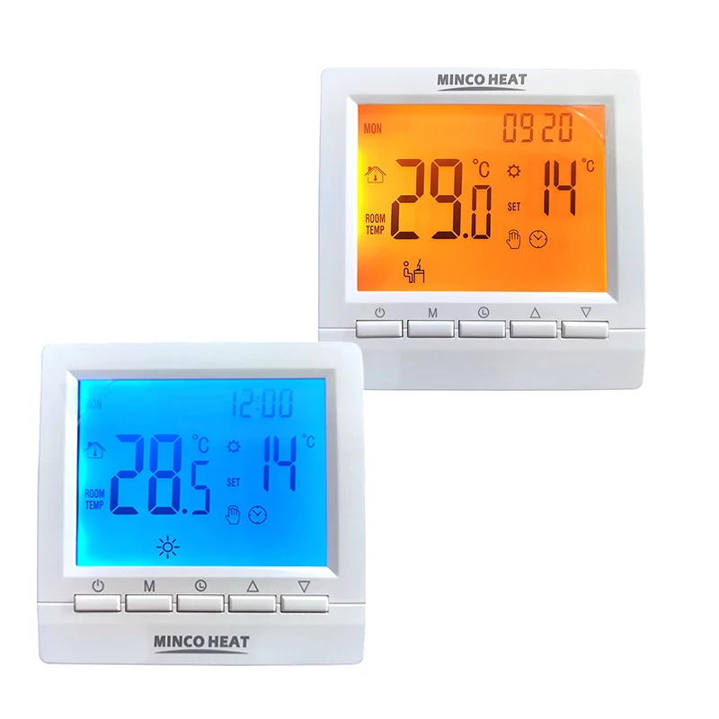 Minco Modern Design AA Battery Thermostat Heat Programmable Gas Boiler Heating Temperature Regulator with Kid Lock Blue Backlit