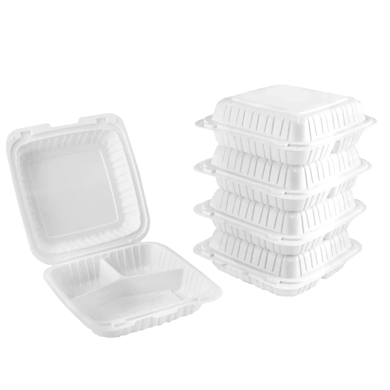 wholesale to go 8 x 8 inch Mineral filled PP hinged lid microwave container with 3 compartments white color food packing