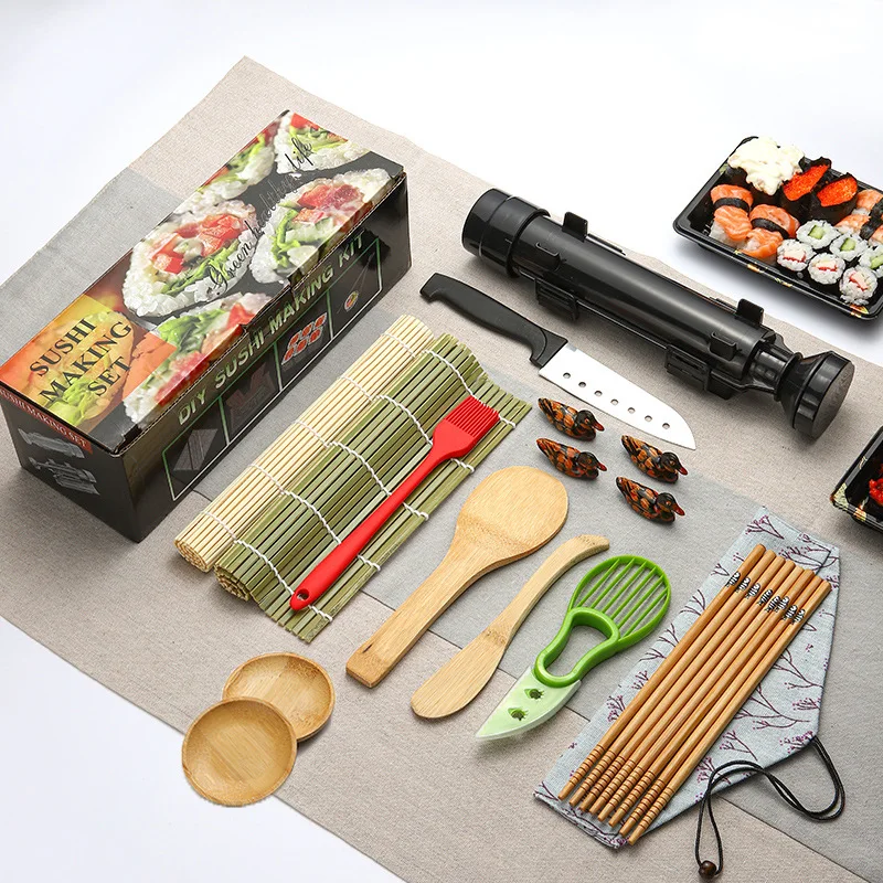 Easy to Use DIY Homemade 15pcs All in One Sushi Roller Mats Saucers and Bazooka included Sushi Making Kit