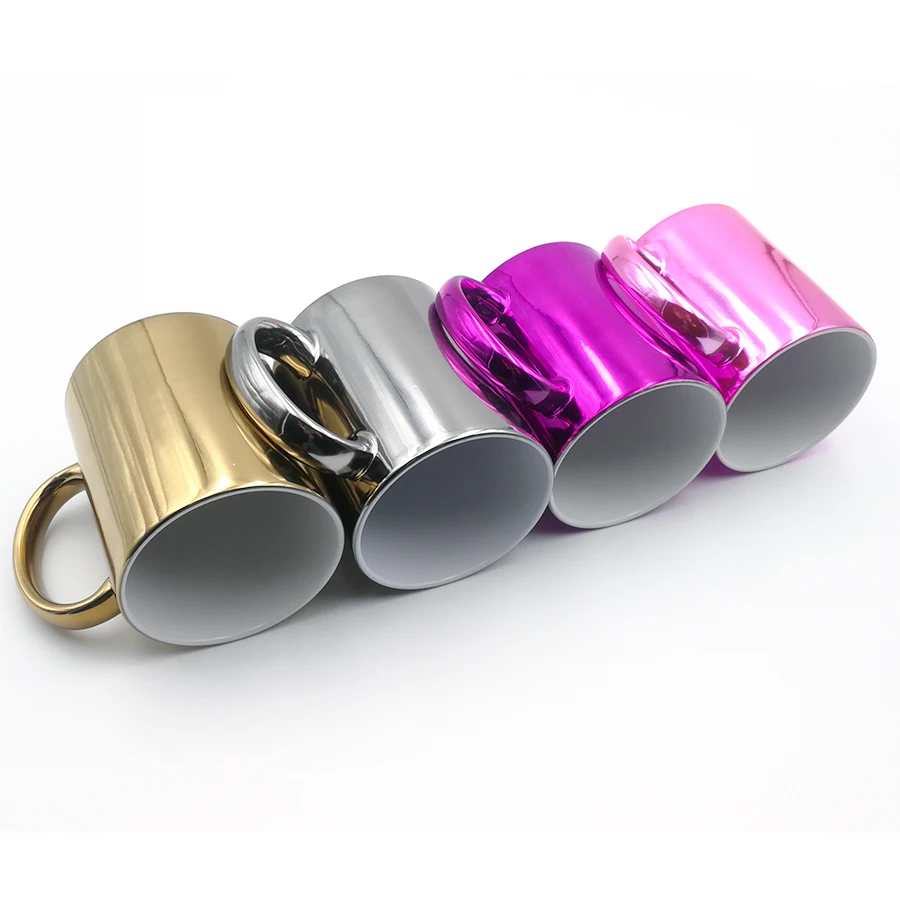 Topjlh Wholesale custom Sublimation 11 oz ceramic gold Plated coffee Mirror Mugs with Metallic electroplated glaze