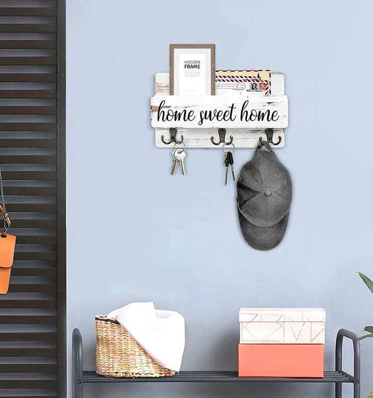new design 2024 Wholesale Decorative Farmhouse Wall Mounted wood hanging mail and keys holder