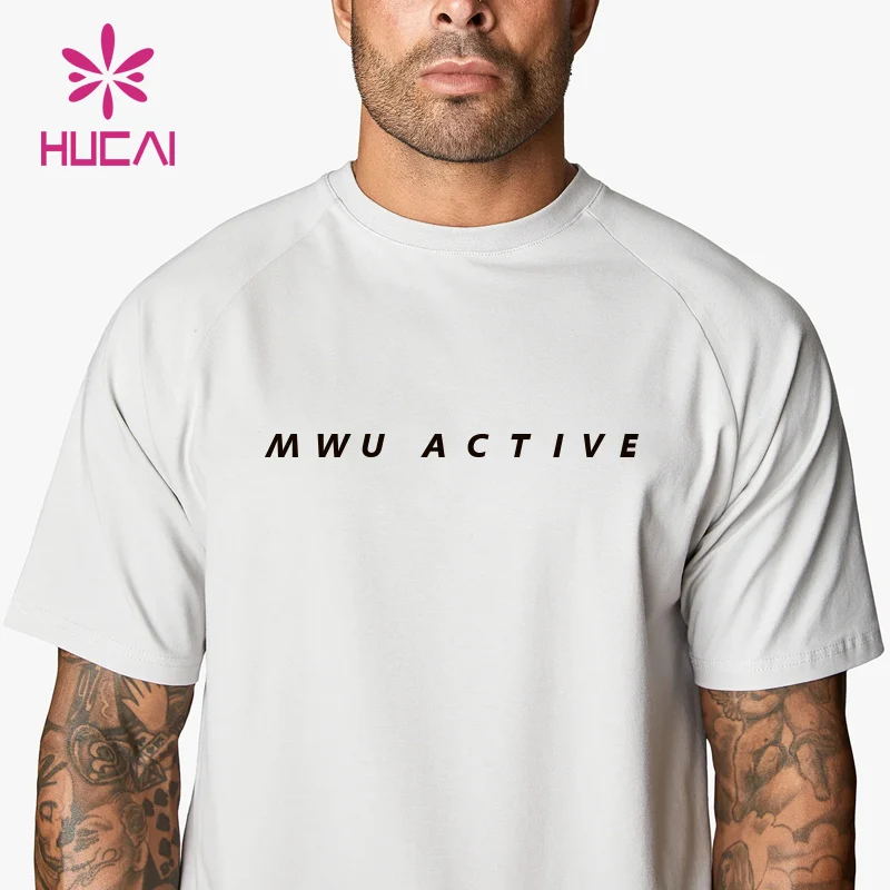 HUCAI Custom 95% cotton spandex Crew neck short raglan sleeve Relaxed fit training gym t shirt for men