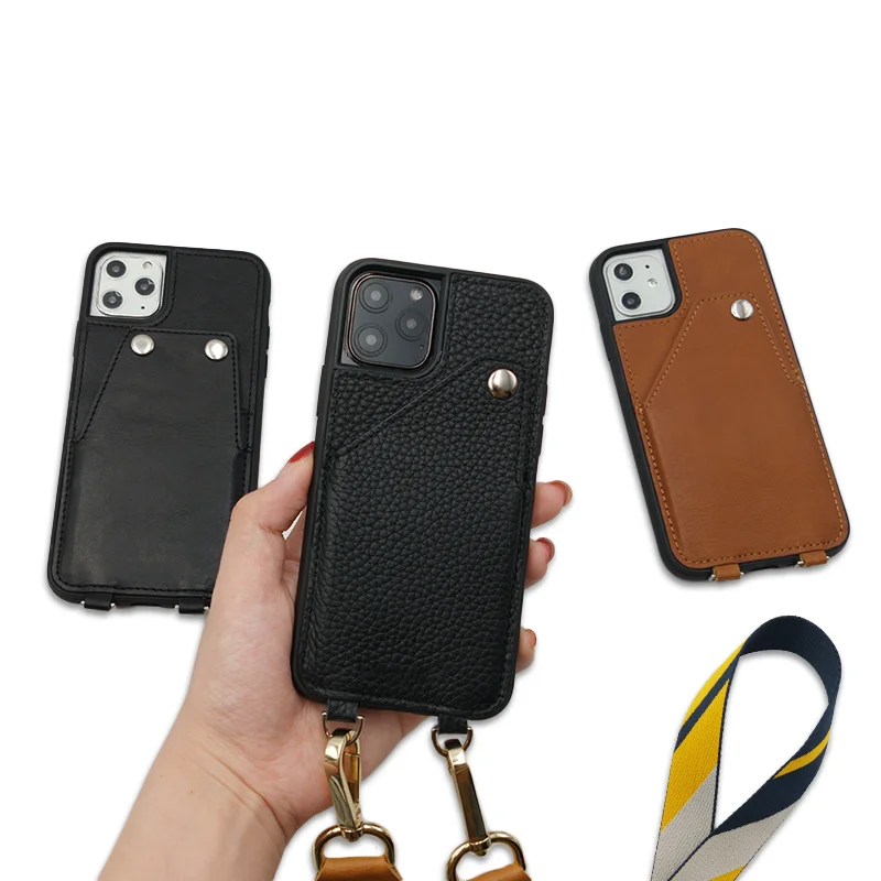 Customizing Premium Textile Strap Genuine Cowhide Wallet Style Crossbody leather Phone  Case