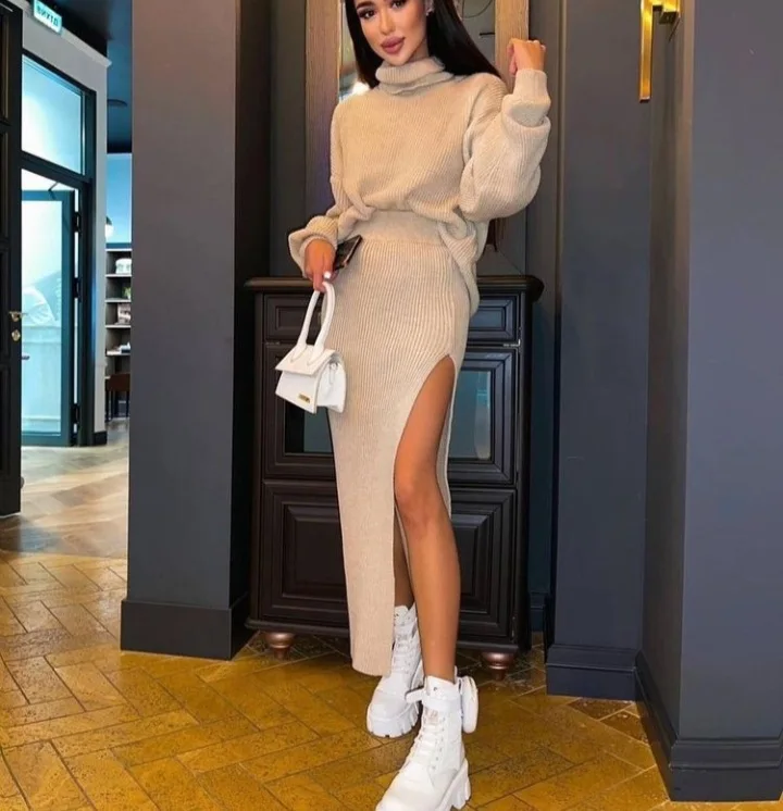 Winter Casual Sweater Women Solid Color Dress Knit Sexy Two Piece Set Split Suit Skirt Dresses