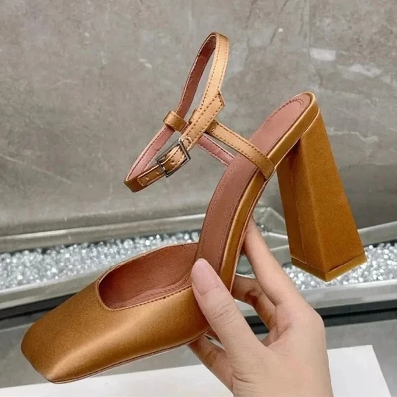 Large Size 45 Women Square Toe Rhinestone Mary Jane Sandals Candy Colors Banquet Party Chunky High Heels Wide Fit Satin Shoes