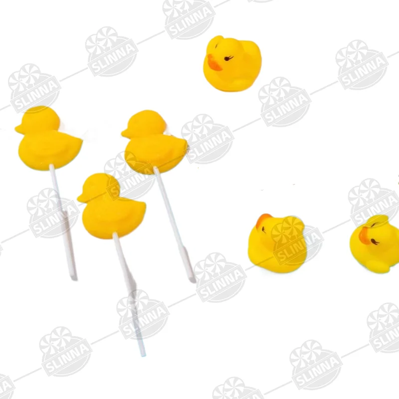 OEM Custom Halal Cartoon Shape Lollipop Candy kids cute candies wholesale Cartoon duck Shape sweet gummy candy soft lollipops