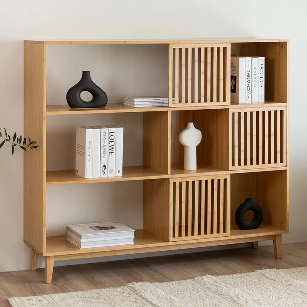 3-tier bamboo home storage cabinet bed side bathroom storage cabinet kitchen wooden cupboard with louvered doors