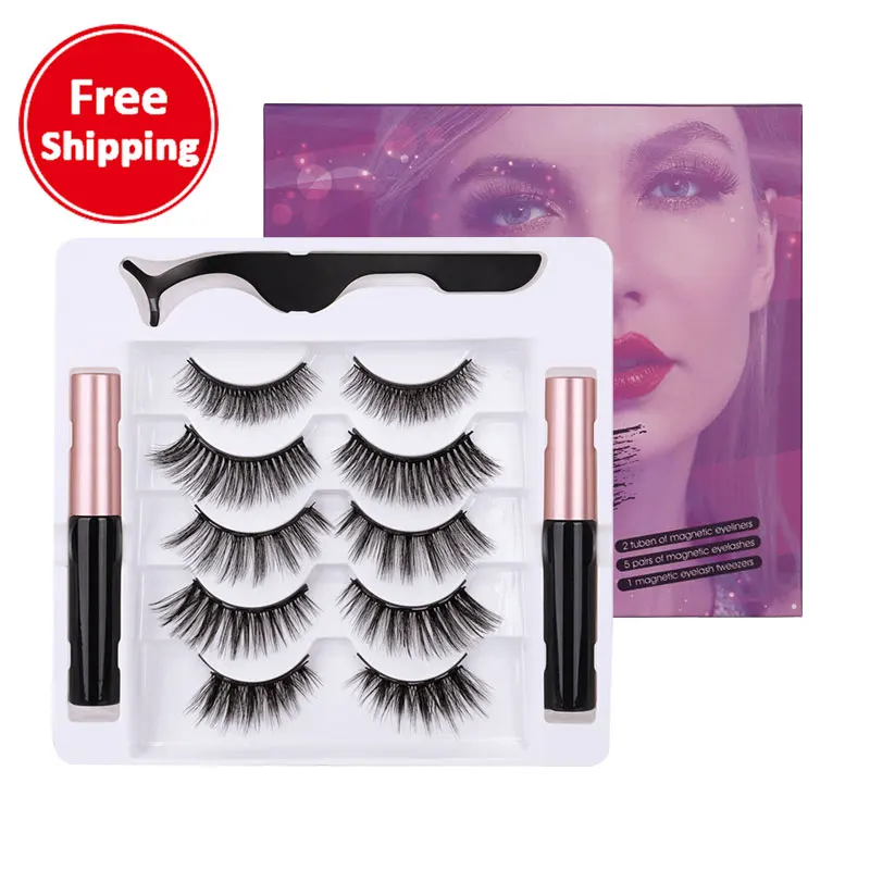 
Wholesale private label vendor 100% 3d magnetic glueless magnatic 10mm 5 pairs fluffy faux mink eyelashes with 2 eyeliner 