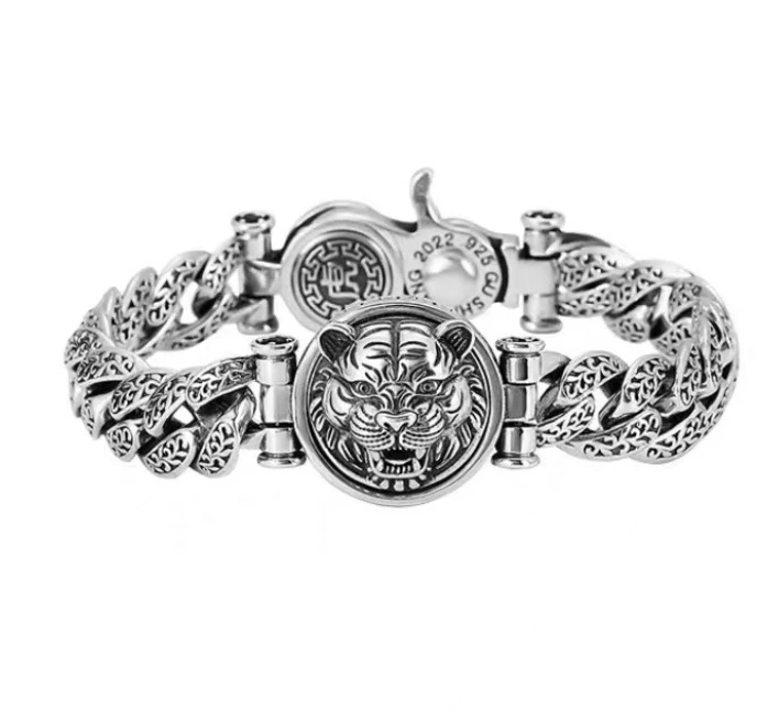 Wholesale fashion hip hop jewelry brass copper black retro silver tigerhead chain bracelet for men