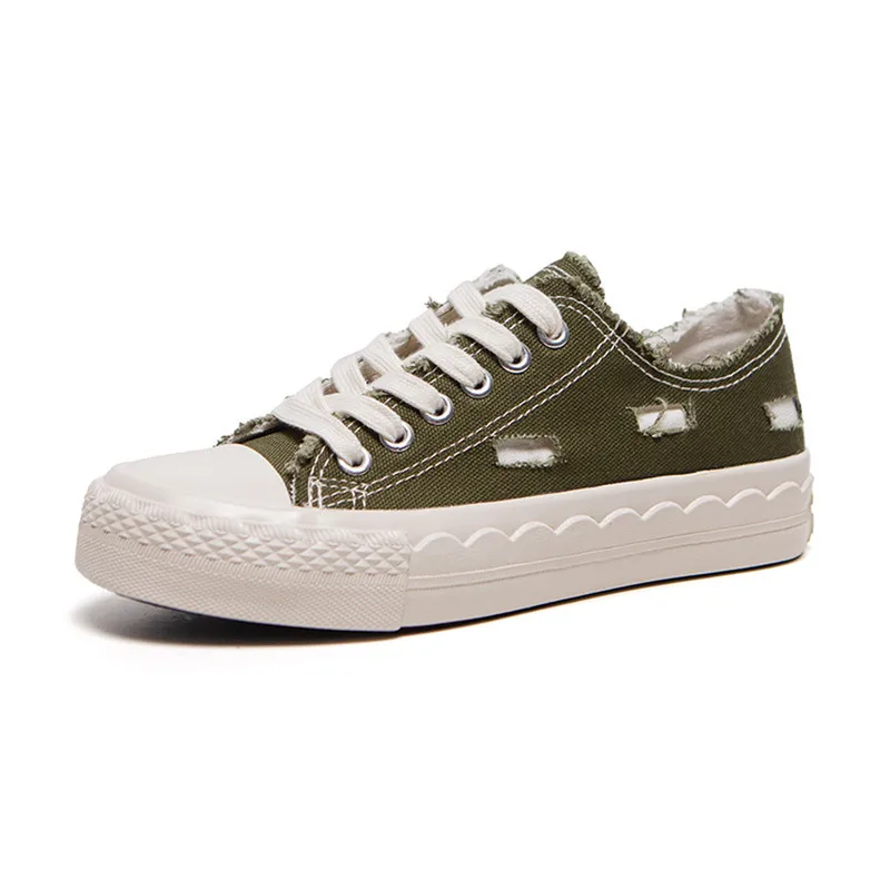 New Arrival Avocado Green Canvas Women Low-top Vulcanized Flat Student Shoes
