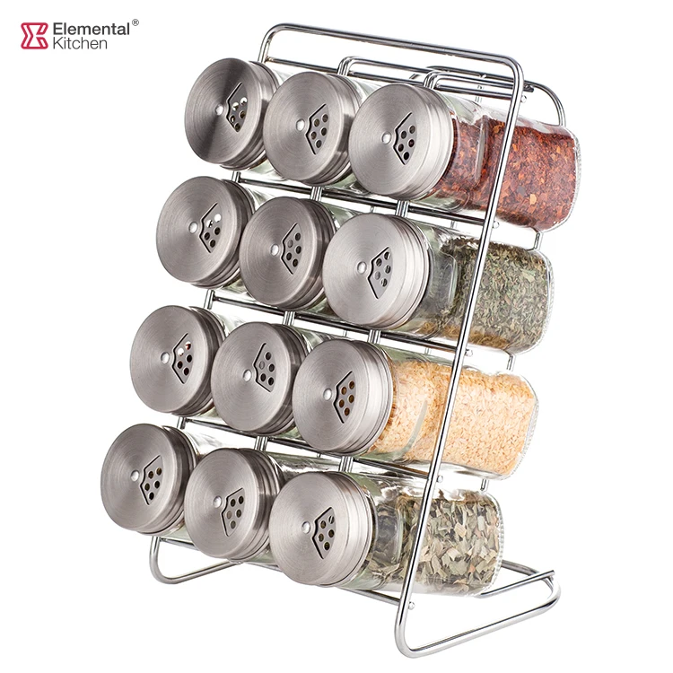 Best selling 12 Jars Spice Rack Set with stainless steel lid also different size with kitchen spice glass bottles 80ml