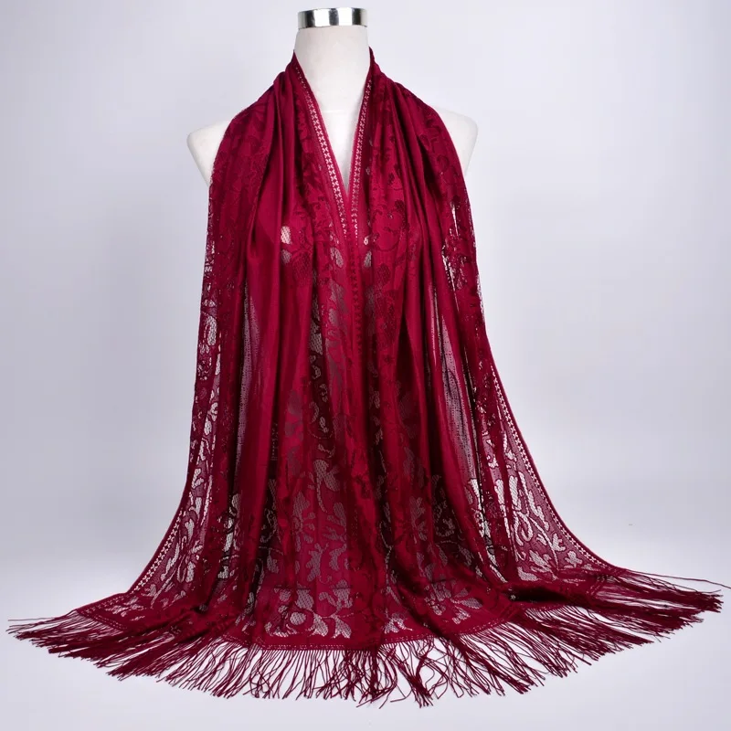 Muslim scarf hijab solid color lace hollow tassel silk scarf female summer Malaysia long scarf shawl